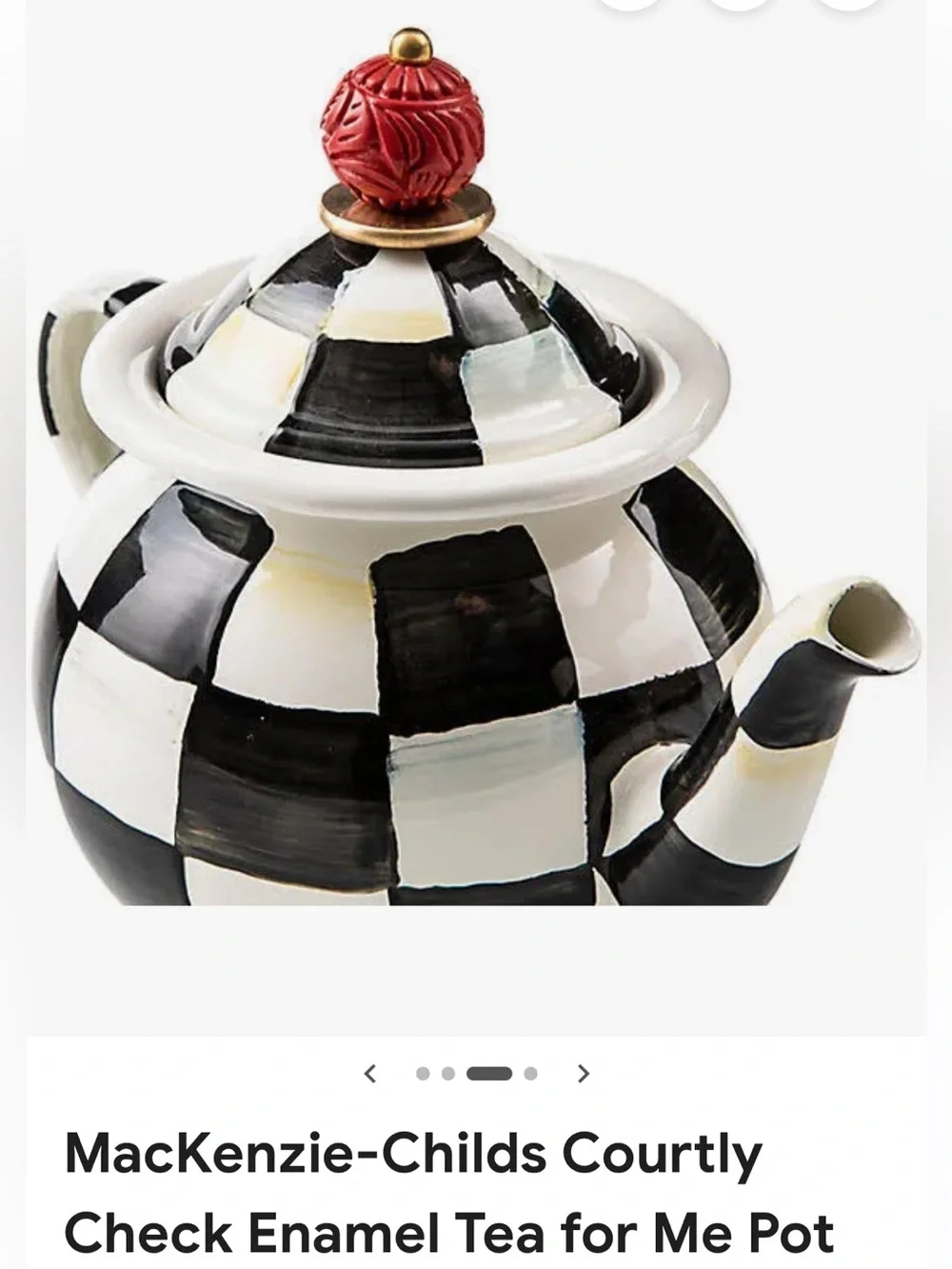 MacKenzie-Childs Courtly Check Enamel Tea For Me Pot Teapot with Red Knob NWT